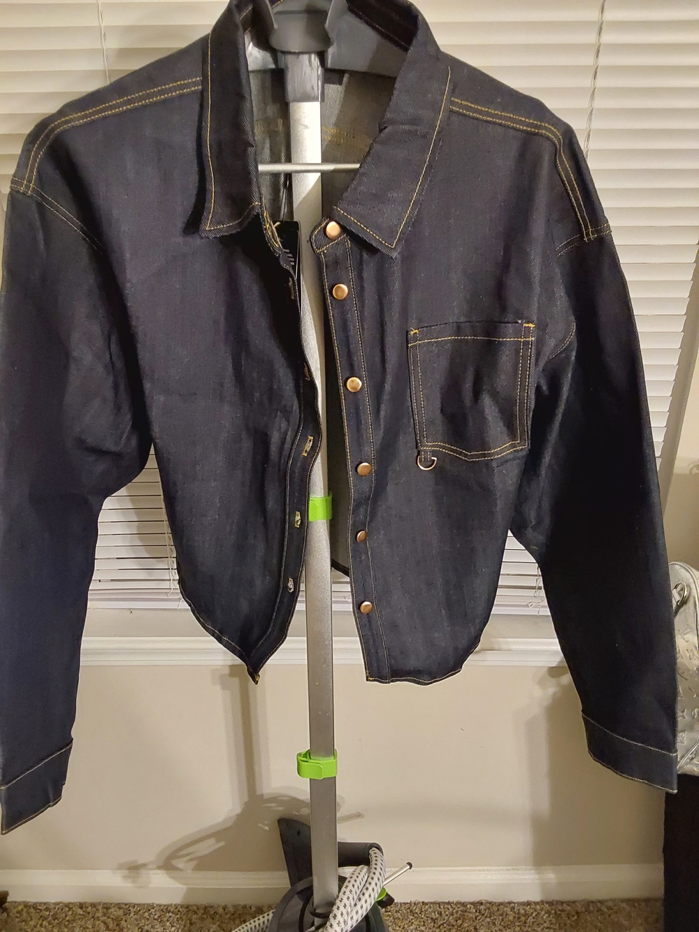 Fashion Nova Dark Indigo Denim Jacket with Yellow Topstitching